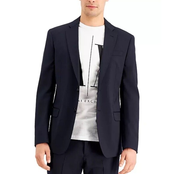 Armani Exchange New Men's Slim-Fit Navy Blue Solid Wool Suit Separate Jacket 44L - Picture 2 of 5